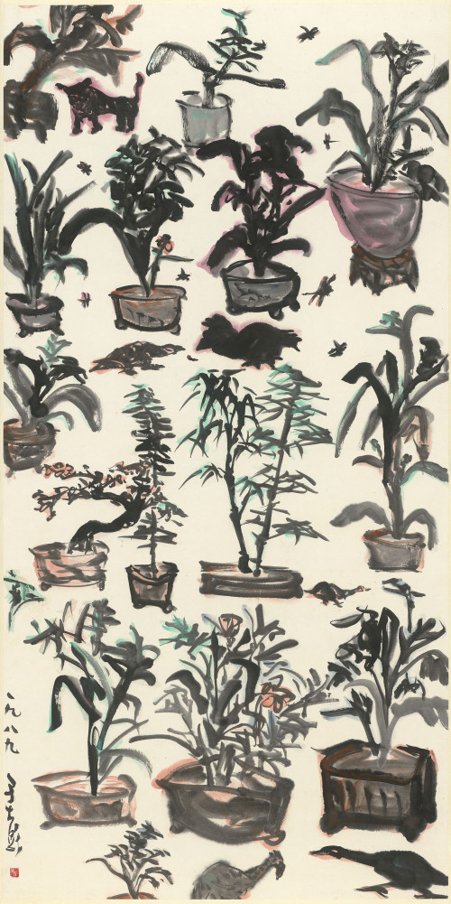053_盆栽滿園_彩墨、紙本, 135.2x67.4cm(10.1才), 1989