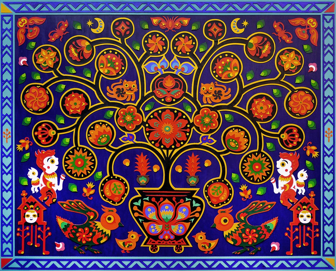PAPER-CUT COLORFUL – The life Tree In Summer Night Board, leather 100Hx120Wcm