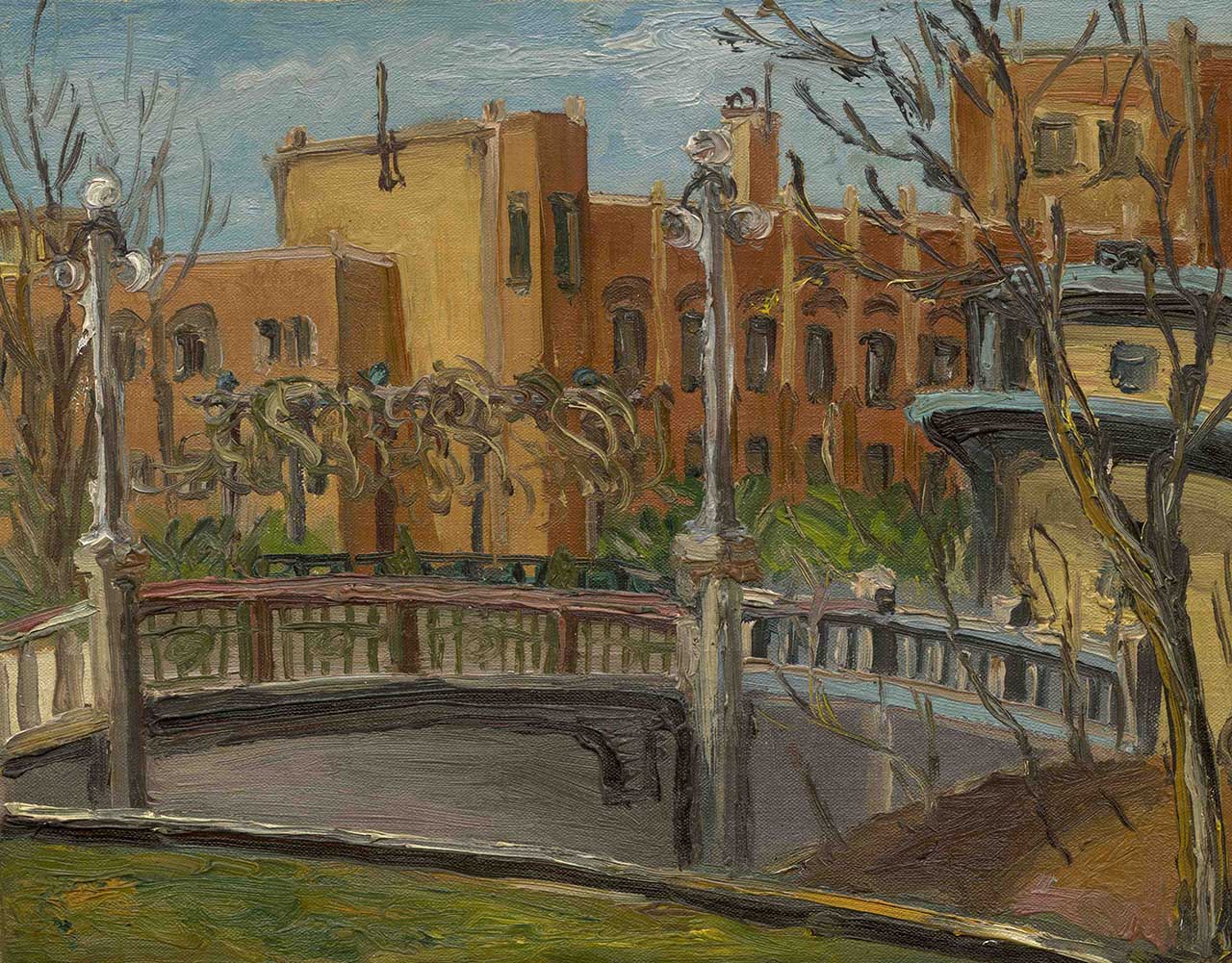 Bridge View in Front of a Building Oil on canvas 31.5x40.5
