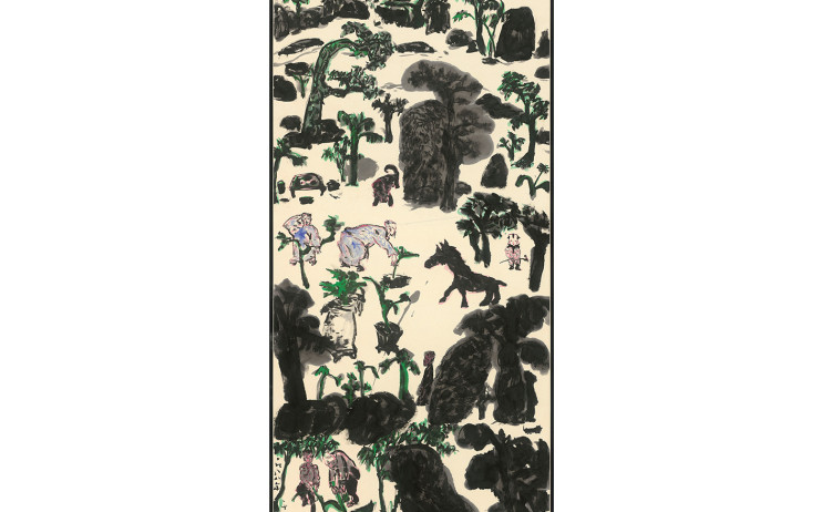Yu Peng, Figures, Trees and Rocks, Beasts, Ink on paper, 134.6x68.9cm(10.3才), 1988
