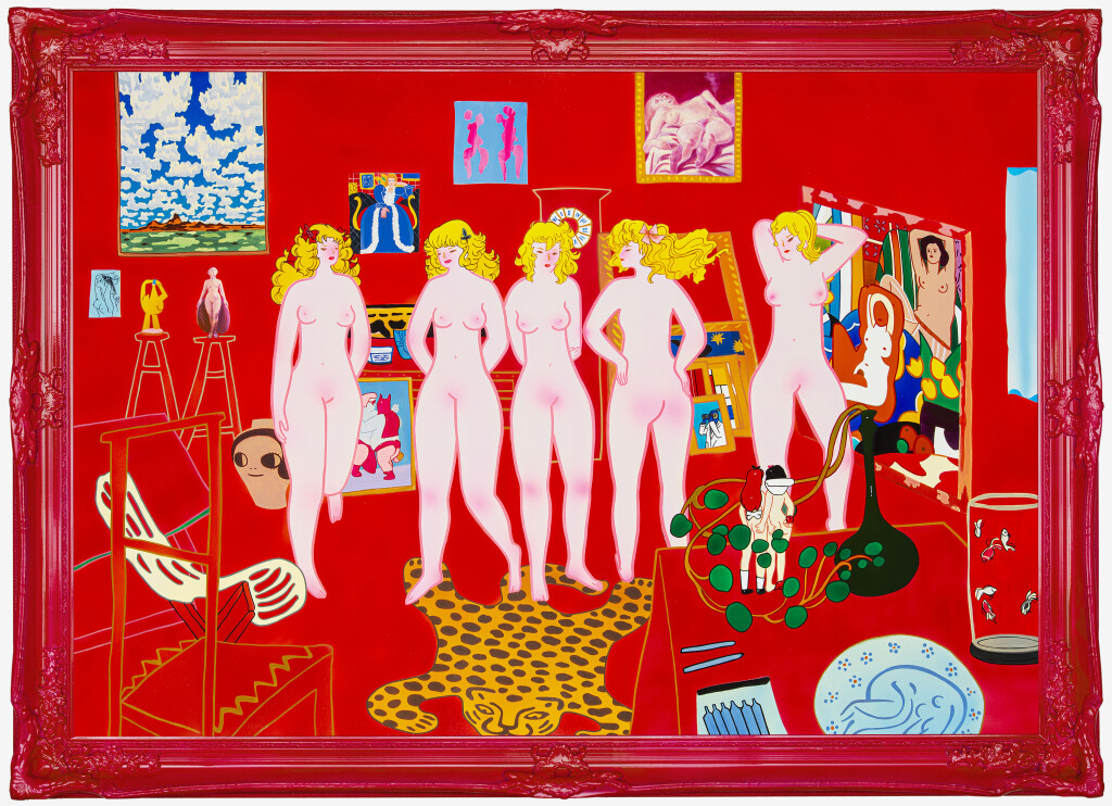 李承道_畫室的五裸女_2023_壓克力、油畫、畫布、手工上色雕花框_153×214cm