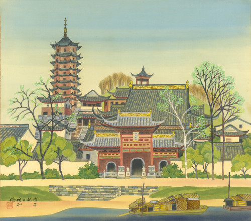 郭雪湖_古寺早春(揚州金山寺)_1978_膠彩、絹_64×73.5cm_小