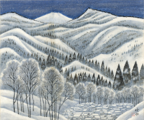 郭雪湖_山村春雪（日本湯西川）_1991_膠彩、紙_61×74cm_小