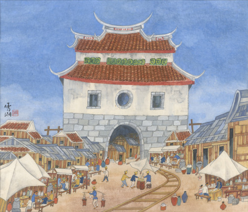 郭雪湖_昔日西門情景（台北西門）_1997_膠彩、紙_61×73.2cm_小