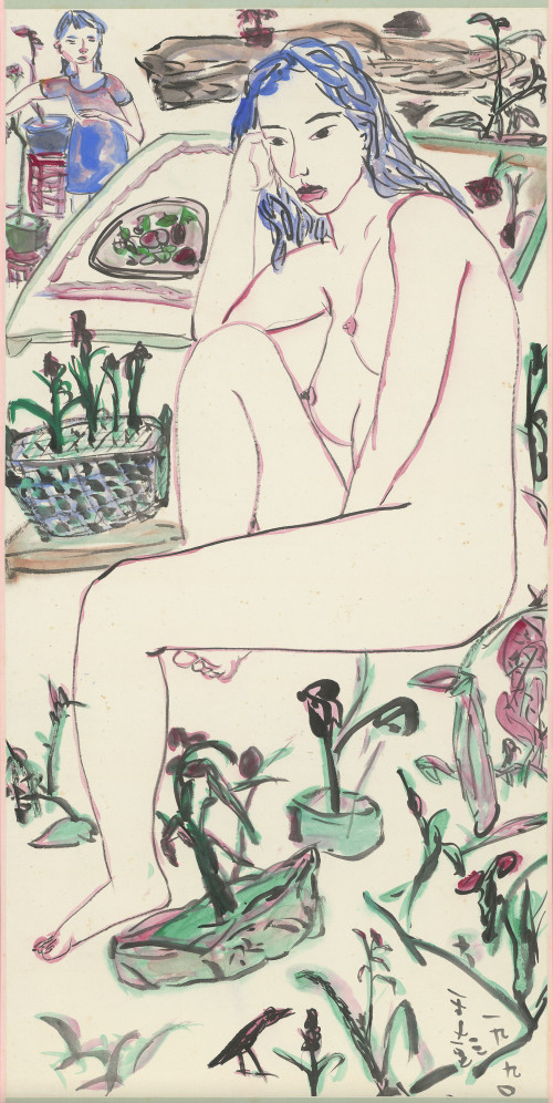 009_春意滿園, 彩墨、紙本, 136.2x67.8cm(10.3才), 1990