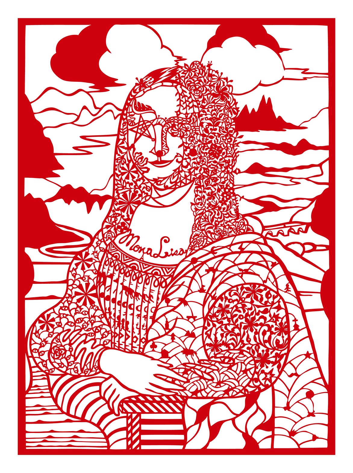 Reading Mona Lisa with Diamonds Red silk fabric and paper 85x60cm