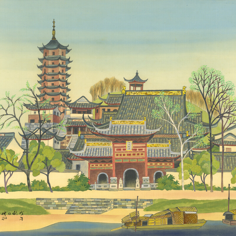 郭雪湖_古寺早春(揚州金山寺)_1978_膠彩、絹_64×73.5cm_小