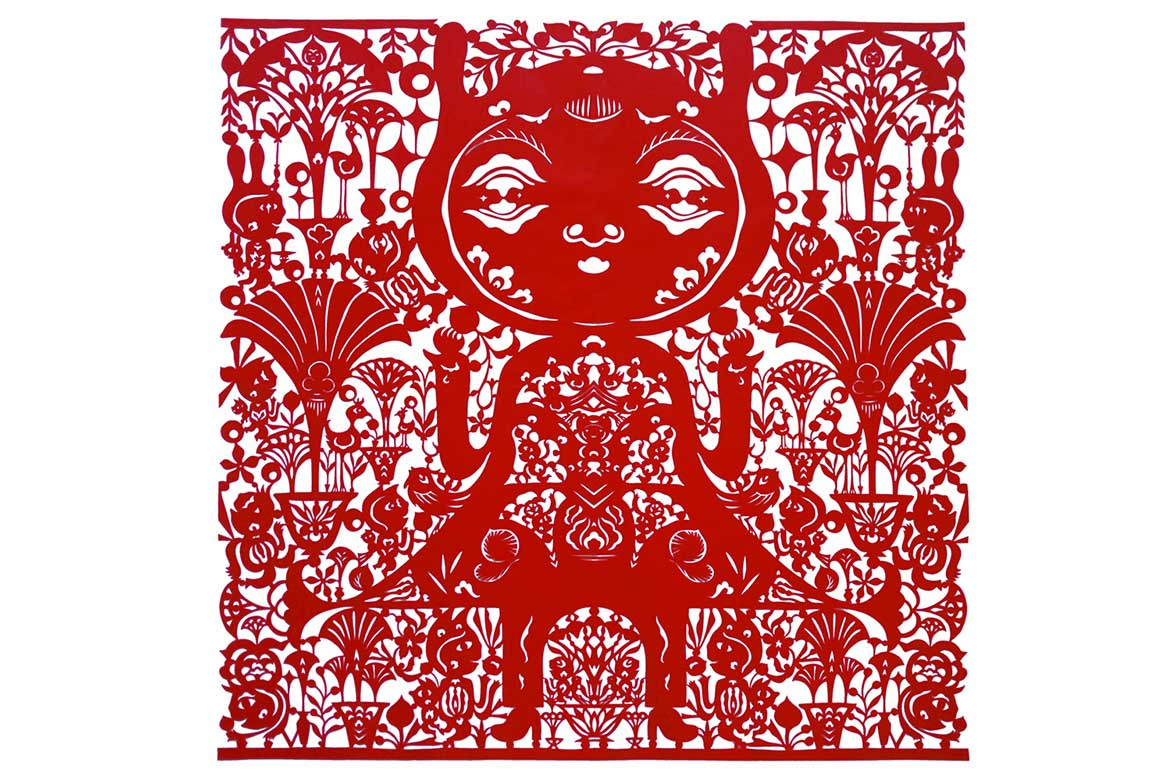 吳耿禎 有雨傘形狀花朵的王國 紅絹布 120x120cm