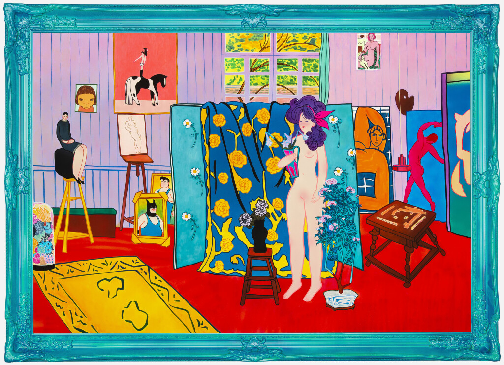 李承道_畫室的裸女_2023_壓克力、油畫、畫布、手工上色雕花框_153×214cm